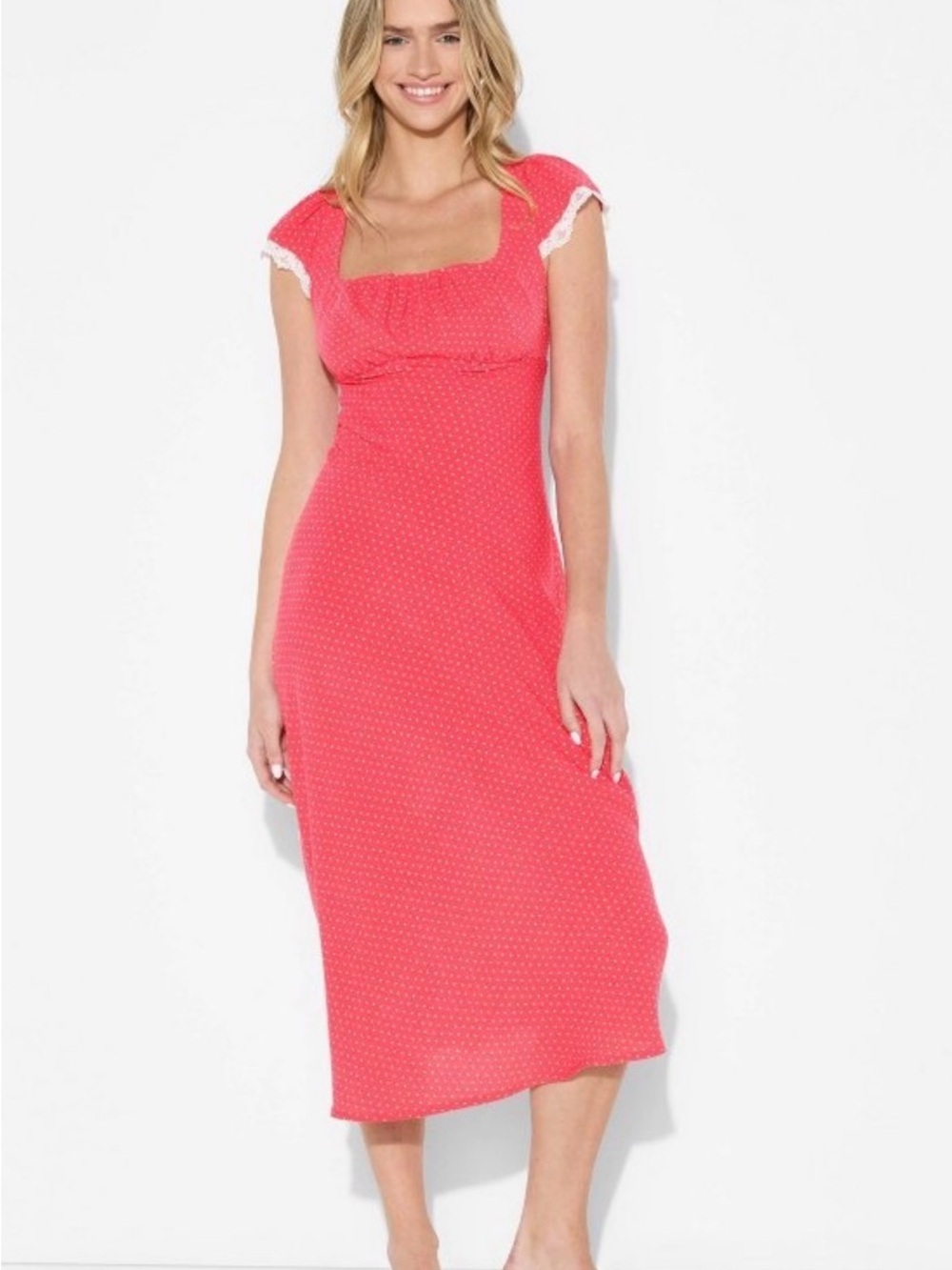 NWT Cap Sleeve Lace Trim Midi Dress Size Medium in Rosa Red Polka Dots A-Line